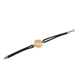 Pre Owned Bvlgari Engraved Circle Charm 18K Yellow Gold Black Cord Bracelet
