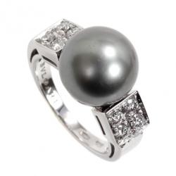 Pre Owned Bvlgari Pearl and Diamond 18k White Gold Ring Size 51