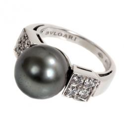 Pre Owned Bvlgari Pearl and Diamond 18k White Gold Ring Size 51