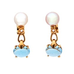 Pre Owned Bvlgari Allegra Cultured Pearl Diamond Blue Topaz 18k Yellow Gold Clip On Drop Earrings