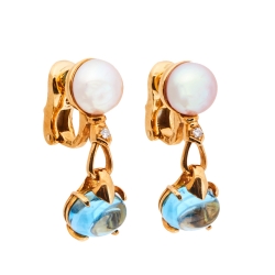 Pre Owned Bvlgari Allegra Cultured Pearl Diamond Blue Topaz 18k Yellow Gold Clip On Drop Earrings