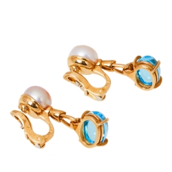 Pre Owned Bvlgari Allegra Cultured Pearl Diamond Blue Topaz 18k Yellow Gold Clip On Drop Earrings