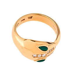 Pre Owned Bvlgari Serpenti Malachite Diamond 18K Rose Gold Ring Size 53