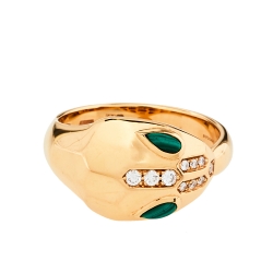 Pre Owned Bvlgari Serpenti Malachite Diamond 18K Rose Gold Ring Size 53