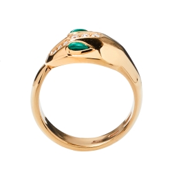 Pre Owned Bvlgari Serpenti Malachite Diamond 18K Rose Gold Ring Size 53