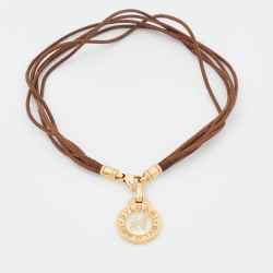Pre Owned Bvlgari Zodiac 18k Two Tone Gold Leather Cord Pendant Necklace