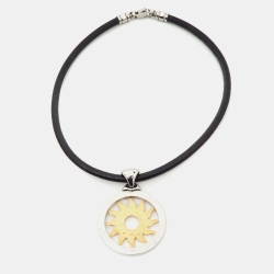 Pre Owned Bvlgari Tondo Sun 18K Yellow Gold & Stainless Steel Pendant Cord Necklace