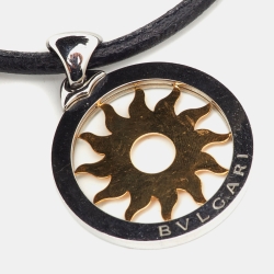 Pre Owned Bvlgari Tondo Sun 18K Yellow Gold & Stainless Steel Pendant Cord Necklace