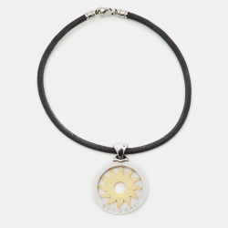 Pre Owned Bvlgari Tondo Sun 18K Yellow Gold & Stainless Steel Pendant Cord Necklace