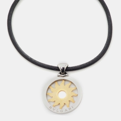 Pre Owned Bvlgari Tondo Sun 18K Yellow Gold & Stainless Steel Pendant Cord Necklace