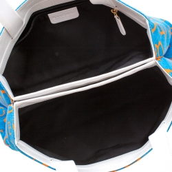 Pre Owned Bvlgari Blue/White Logo Mania Fabric and Leather Shoulder Bag