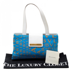 Pre Owned Bvlgari Blue/White Logo Mania Fabric and Leather Shoulder Bag