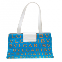 Pre Owned Bvlgari Blue/White Logo Mania Fabric and Leather Shoulder Bag