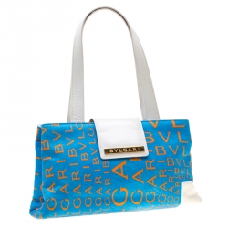 Pre Owned Bvlgari Blue/White Logo Mania Fabric and Leather Shoulder Bag
