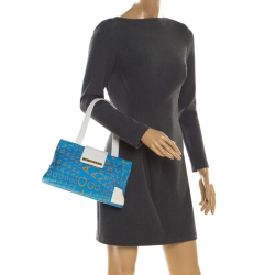 Pre Owned Bvlgari Blue/White Logo Mania Fabric and Leather Shoulder Bag