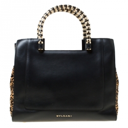 Bvlgari Black/Beige Leather and Leopard Print Calfhair Serpenti Scaglie Tote
