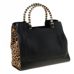 Bvlgari Black/Beige Leather and Leopard Print Calfhair Serpenti Scaglie Tote