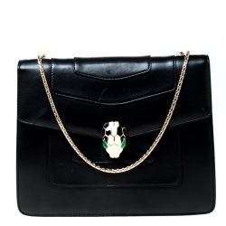 Bvlgari Black Leather Medium Serpenti Forever Flap Shoulder Bag