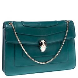 Pre Owned Bvlgari Green Leather Medium Serpenti Forever Flap Shoulder Bag