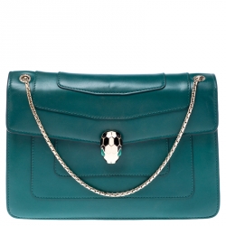 Pre Owned Bvlgari Green Leather Medium Serpenti Forever Flap Shoulder Bag