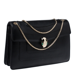 Bvlgari Black Leather Medium Serpenti Forever Flap Shoulder Bag