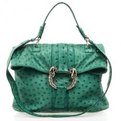 Pre Owned Bvlgari Green Ostrich Skin Leoni Shoulder Bag