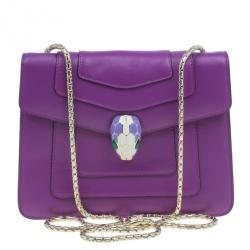 Pre Owned Bvlgari Purple Calfskin Serpenti Small Flap Bag
