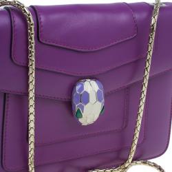 Pre Owned Bvlgari Purple Calfskin Serpenti Small Flap Bag