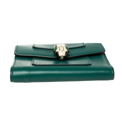 Pre Owned Bvlgari Green Leather Serpenti Forever Trifold Wallet