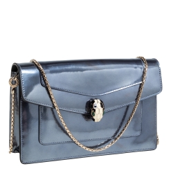 Pre Owned Bvlgari Metallic Grey Patent Leather Serpenti Forever Wallet on Chain
