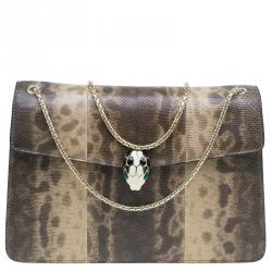 Pre Owned حقيبة كتف بلغاري طية رأس ثعبان جلد ثعبان بيج/بني متوسطة 