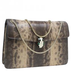 Pre Owned حقيبة كتف بلغاري طية رأس ثعبان جلد ثعبان بيج/بني متوسطة 