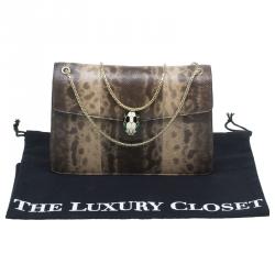 Pre Owned حقيبة كتف بلغاري طية رأس ثعبان جلد ثعبان بيج/بني متوسطة 