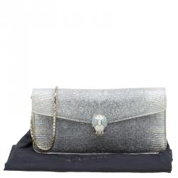 Pre Owned Bvlgari Metallic Grey Lizard Serpenti Flap Clutch