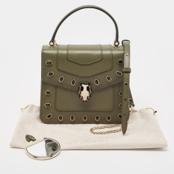 Bvlgari Fatigue Green Leather Small Crystal Embellished Serpenti Forever Top Handle Bag