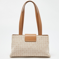 Pre Owned Bvlgari Beige Signature Canvas and Leather Tote