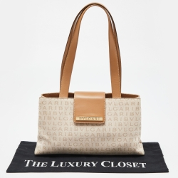 Pre Owned Bvlgari Beige Signature Canvas and Leather Tote