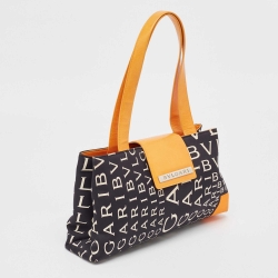 Pre Owned Bvlgari Black/Orange Printed Fabric and Leather Small Tote