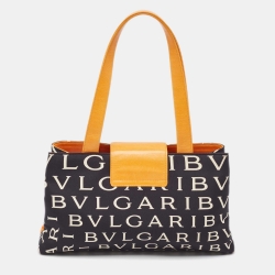 Pre Owned Bvlgari Black/Orange Printed Fabric and Leather Small Tote