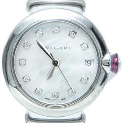 Bvlgari White Mother Of Pearl & Steel Lvcea Diamond Women's Watch 33MM