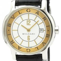 Bvlgari White Stainless Steel and Leather Solotempo ST29S Women's Wristwatch 29MM