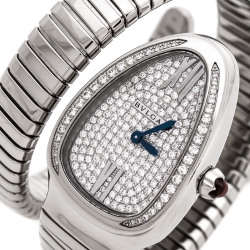 مملوكة مسبقًا Bvlgari Diamond Pave 18K White Gold Serpenti Tubogas 102005 Women's Wristwatch 35 mm