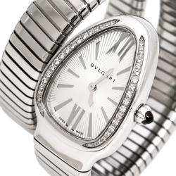 Bvlgari Silver Opaline Guilloché Soleil Stainless Steel Diamond Serpenti Tubogas 101910 Women's Wristwatch 35 mm