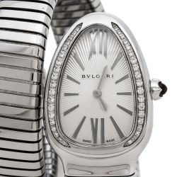 Bvlgari Silver Opaline Guilloché Soleil Stainless Steel Diamond Serpenti Tubogas 101910 Women's Wristwatch 35 mm