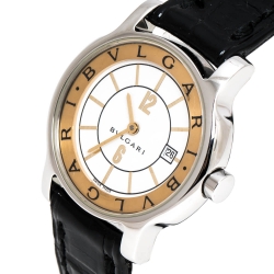 Bvlgari White Stainless Steel and Leather Solotempo ST29S Women's Wristwatch 29MM