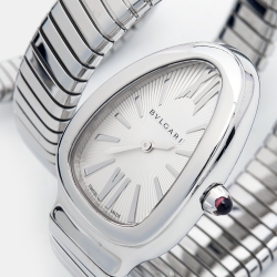 Pre Owned Bvlgari Silver Opaline Stainless Steel Serpenti Tubogas 101911 Women's Wristwatch 35 mm