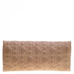 Pre Owned Carolina Herrera Beige Embossed Leather Clutch
