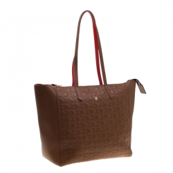 Pre Owned Carolina Herrera Brown Monogram Leather Shopper Tote