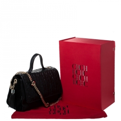 Pre Owned Carolina Herrera Black Monogram Leather Flap Top Handle Bag