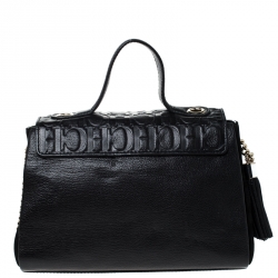 Pre Owned Carolina Herrera Black Monogram Leather Flap Top Handle Bag